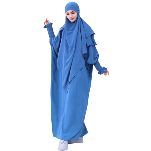 khalat Womens Muslim Prayer Dress Front Zipper Kaftan Islamic Robe Modest Solid Abayas for Women Muslim - color: Light Blue+hijab