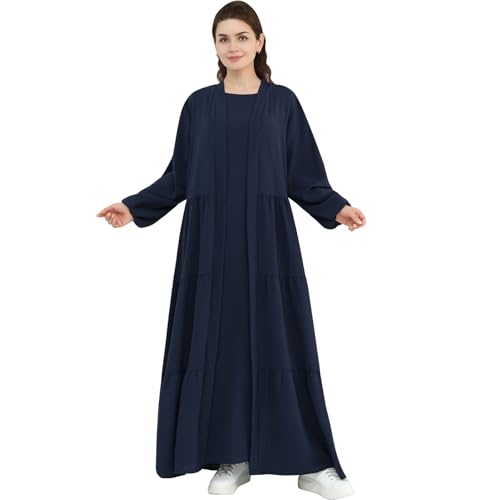 Women Muslim Abaya Dress 2PCS Soft Flowing Cardigan Dress Set Islamic Dubai Modest Kaftan Prayer Robe - color: Navy, size: Small