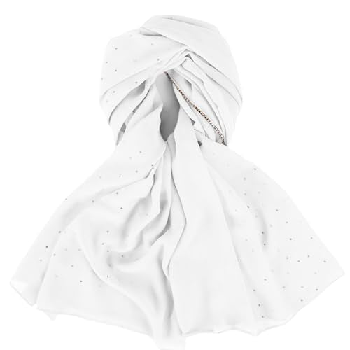 Hijab Scarf for Women Soft Chiffon Rhinestone Long Scarf Shawl Fashion Muslim Hijab Head Wrap Scarves - color: White