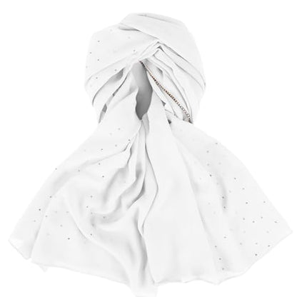 Hijab Scarf for Women Soft Chiffon Rhinestone Long Scarf Shawl Fashion Muslim Hijab Head Wrap Scarves - color: White