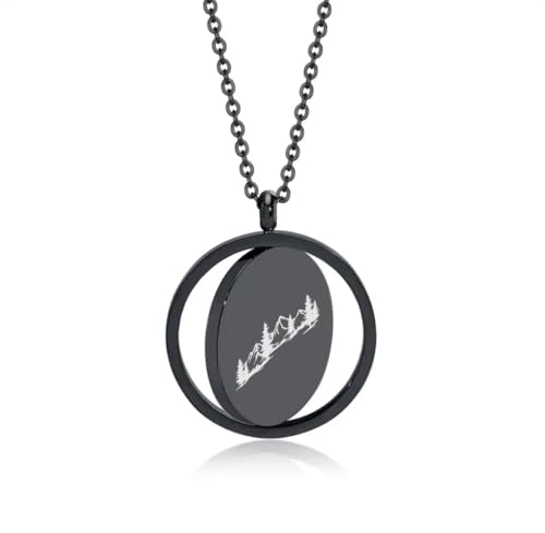 Religious Christian Cross/Freemasonry/Mountain Forest Jewelry 25mm Stainless Steel Round ID Tag Spinner Pendant Necklaces,Hiking Camping Lover Gift - style: Black-Mountain Forest