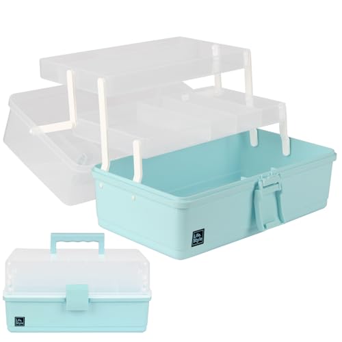 WEWLINE Sewing Storage Organizer Box 13-Inch Art Storage Box Craft Organizer 3-Layers with Handle Craft Art Bin Portable for Home School Office Travel - color: BLUE