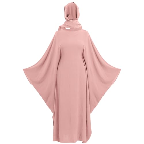 ODIZLI Abayas 여성용 무슬림 두바이 풀 커버 카프탄 셔츠 드레스 배트윙 슬리브 히잡 기도 드레스 - color: 핑크 + 히잡, size: Two