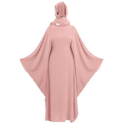 ODIZLI Abayas 여성용 무슬림 두바이 풀 커버 카프탄 셔츠 드레스 배트윙 슬리브 히잡 기도 드레스 - color: 핑크 + 히잡, size: Two