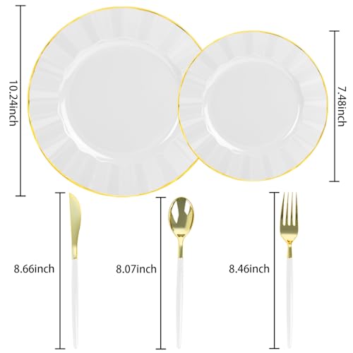 150Pcs Plastic Plates with Gold Rim,Heavy Duty White Plates for 30 Guests,Plastic Dinnerware Set Include 30 Dinner Plate,30 Dessert Plate,90 Gold Cutlery Set for Party (White) - color: White