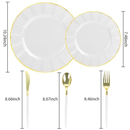 150Pcs Plastic Plates with Gold Rim,Heavy Duty White Plates for 30 Guests,Plastic Dinnerware Set Include 30 Dinner Plate,30 Dessert Plate,90 Gold Cutlery Set for Party (White) - color: White