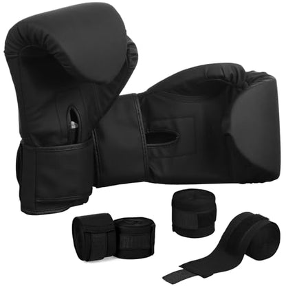 Junkin 6 Pcs Boxing Set 1 Pair of 16oz Gloves and 4 Pcs 118 in Hand Wraps for Adult Boxing Training Shockproof Gloves Training Beginner Practice Muay Thai Kickboxing Gift - color: Black