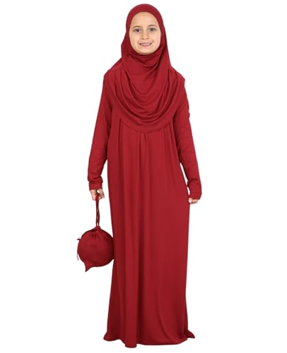Prien Kids Muslim Prayer Dress With Hijab & Pouch, Soft Viscose Abaya For Girls, Islamic Clothes, Robe For Eid, Ramadan - color: Burgundy