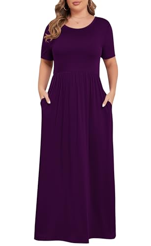 KARALIN Women Plus Size Maxi Dress Short Sleeve Round Neck Loose Fit A-Line - color: 001 Purple, size: 18 Plus