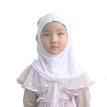 Instant Hijab for Kids Girls Hijabs Muslim Islamic Head Scarf with Rhinestone and Flowers - color: White