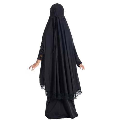 IBTOM CASTLE Little Girls Muslim Prayer Dress Abaya Long Sleeve Full Cover Lace Hijab Kaftan Dubai Islamic Modest Eid Jilbab - color: Black, size: 5-6 Years