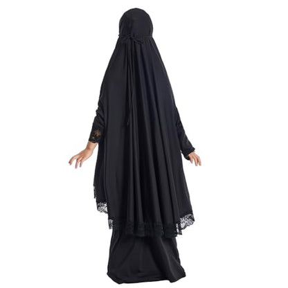 IBTOM CASTLE Little Girls Muslim Prayer Dress Abaya Long Sleeve Full Cover Lace Hijab Kaftan Dubai Islamic Modest Eid Jilbab - color: Black, size: 7-8 Years
