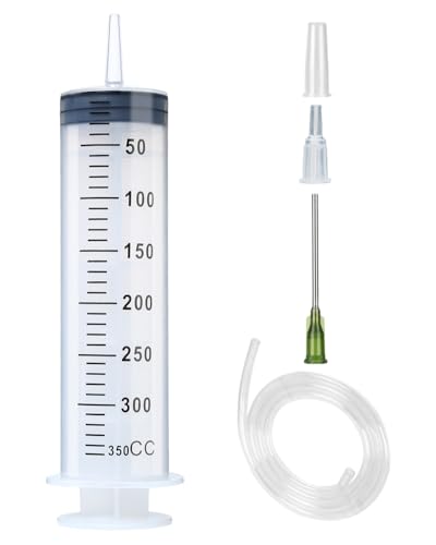 300ml 350ml Syringe with 27.6" Tube and Needle 14G 1.5”, Large Plastic Syringe Individually Packaged for Glue Dispensing, Labs, Watering, Refilling - style: 350 ml