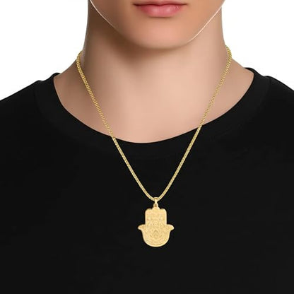 Gold Hamsa Hand Necklace for Men & Women, Stainless Steel Hand of Fatima Pendant, Spiritual Protection Amulet on a Box Chain
