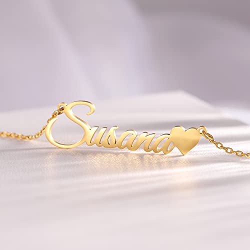 TinyName Custom Name Necklace Personalized 18K Gold Plated Nameplate Customized Jewelry Gift for Women - color: Horizontal Name Necklace-Heart 2