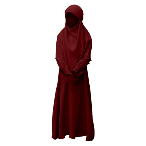 Muslim Dress for Girls Prayer Abaya with Hijab Toddler Islamic Cardigan Clothes Kaftan Robe Maxi Dresses Ramadan - color: 2-wine, size: 9-10 Years