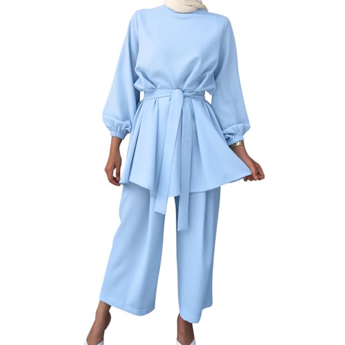 IWEMEK Abayas for Women Muslim Long Sleeve Loose Top Pants 2 Pcs Eid Ramadan Outfits Casual Islamic Muslim Clothes with Belt - color: Light Blue, size: XX-Large