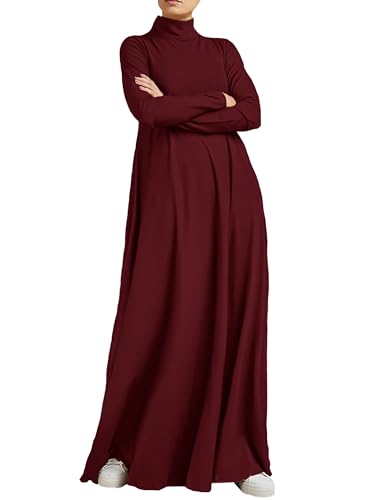 WSPLYSPJY Women Girls High Neck Long Sleeve Abaya Muslim Dress Solid Color Prayer Clothes Islamic Robe - color: Wine Red, size: XX-Large