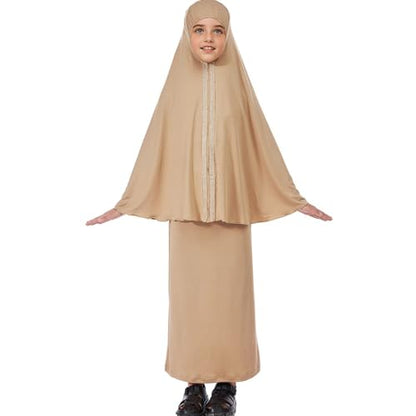 Lenmipot Kids Jilbab 2pcs Abaya Girls Muslim Prayer Dress Kids Eid Full Cover Abaya Dress Set Islamic Prayer Jilbab for Girl - color: Khakia, size: 9-10 Years