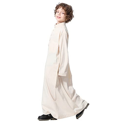 IDOPIP Muslim Thobe for Boys Kids Long Sleeve Islamic Arabic Kaftan Robe Middle East Dubai Prayer Dress Clothes with Pockets - color: Beige, size: 4-5T