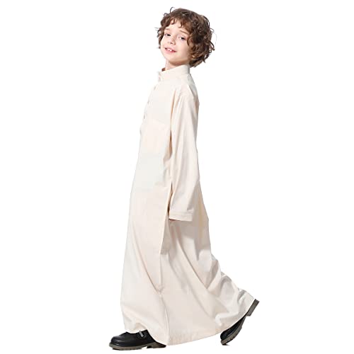IDOPIP Muslim Thobe for Boys Kids Long Sleeve Islamic Arabic Kaftan Robe Middle East Dubai Prayer Dress Clothes with Pockets - color: Beige, size: 5-6 Years