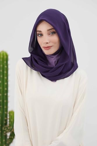 Aisha's Design Pre-tied Cotton-Chiffon Scarf for Women Practical Veil Instant Scarf Hijab Stylish Design - color: Purple