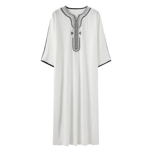 Men's Muslim Clothes V-Neck Short Sleeve Plus Size Thobe Kaftan Loose Casual Solid Color Breathable Soft Thobe - color: White, size: Large