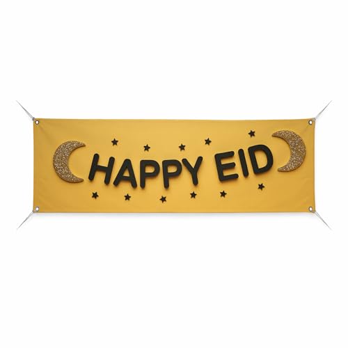 Happy Eid Large Banners and Signs for Outdoor by BCB Print | Festive Polyester Banner with 4 Hole for Easy Hang Indoor & Outdoor | 6x2ft Banner to Promote Business | HD Made in USA - color: Happy Eid, size: 6x2ft