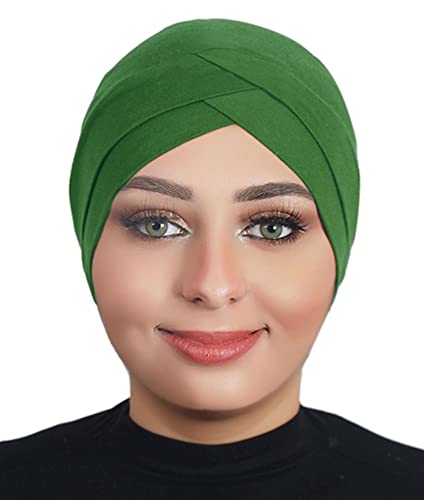 Solid Color Full Cover Inner Hijab Caps Muslim Forehead Cross Turban Stretch Hijab for Women Head Scarf Under Hijab - color: Green