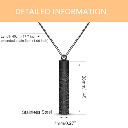 Islamic Necklace | Quran Verse Necklaces | Stainless Steel Cylinder Pendant 17"+2" Extended | Elegant Arabic Jewelry for Men And Women YA5082 - color: black