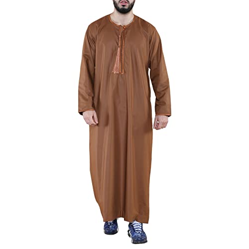 Mens Thobe Jubba Islamic Clothing Muslim Kaftan Emirati Omani Robe Arab Tassel - color: Camel, size: Small