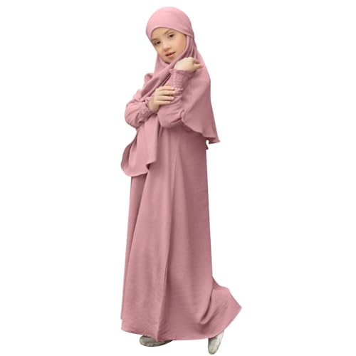 IWEMEK Kids Muslim Dress for Girls Islamic Prayer Abaya Dress with Hijab Jibab 2 Piece Eid Ramadan Dubai Outfits Kaftan Robe - color: Pink, size: 7-8 Years