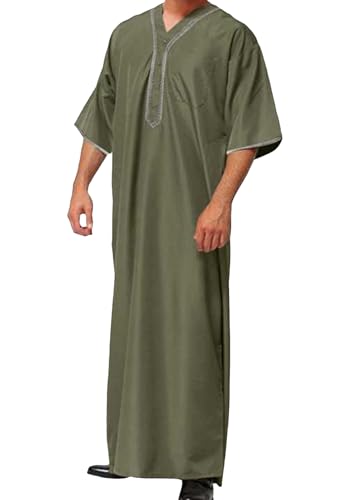 OMZIN Men's Middle East Beach Robe Summer V Neck Straight Thobe Traditional Plain Color Soft Kaftan - color: Green, size: X-Large