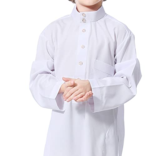IDOPIP Muslim Thobe for Boys Kids Long Sleeve Islamic Arabic Kaftan Robe Middle East Dubai Prayer Dress Clothes with Pockets - color: White, size: 4-5T