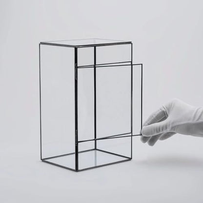Glass Terrarium Moss Holder for Indoor Micro Landscape DIY, Small Geometric Handcrafted Glass Container with Black Tin Frame, Mini Ecological Plant Planter for Living Room Decor