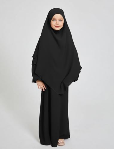 ODIZLI Kids Girls Ramadan Abaya Muslim Long Sleeve Hijab Chiffon Dress Dubai Kaftan with Pockets - color: Black, size: 11-12 Years