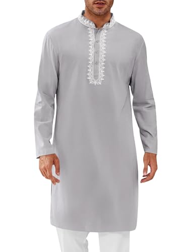Runcati Mens Kaftan Thobe Cotton Henley Shirt Long Sleeve Embroidery Robe Casual Kurta Muslim Gown Shirt - color: Grey, size: Medium