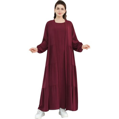 Women Muslim Abaya Dress 2PCS Soft Flowing Cardigan Dress Set Islamic Dubai Modest Kaftan Prayer Robe - color: Wine Red, size: Large