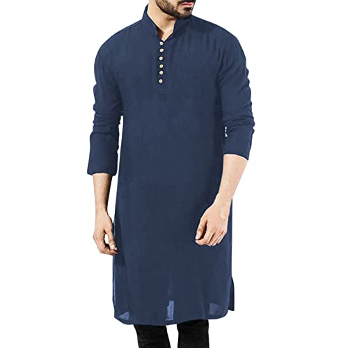 Alalaso Mens Muslim Thobe Kaftan Robe Saudi Arabic Middle East Islamic Long Gown Dress Long Sleeve Clothing Ramadan Jubbah - color: 2-navy, size: 3X-Large