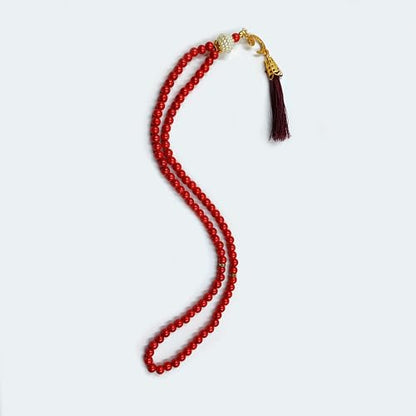 BAYKUL Muslim Prayer Beads 99, Islamic Rosary with Silver Allah Muhammad Engraved Tasbih, Zikr Namaz Worship Ramadan Tesbih Bracelet - color: Red Pearl