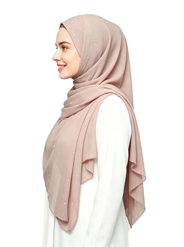 Lina & Lily Sparkle Shimmer Gold Glitter Women's Chiffon Hijab Head Scarf Shawl Wrap Lightweight - color: Nude