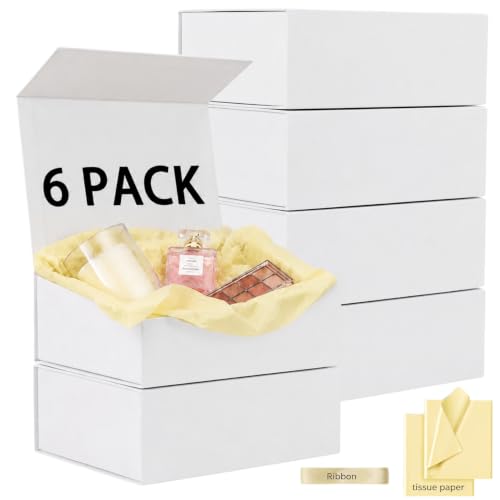 ROSYVA 6 Pack White Gift Boxes with Lids, 12 x 8 x 4.5 Inch Bridesmaid Proposal Boxes with Ribbon, Magnetic Gift Boxes for Presents, Wedding, Birthday, Bridal Party and Holiday Gifts - color: White-6 pack