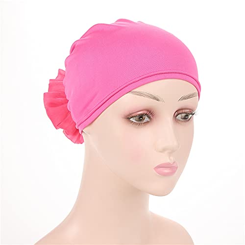 Women Flower Elastic Turban Beanie Head Scarf wrap Chemo Cap hat for Cancer Patient - color: Rose Red