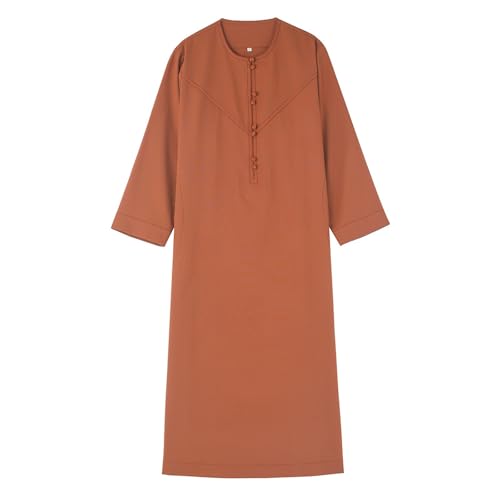 Kids Arabic Thobes for Boys Muslim Thobe Long Sleeve Kaftan Islamic Prayer Dress Kids Dubai Robe Burkas Ramadan Eid Outfit - color: Brown, size: 13-14 Years