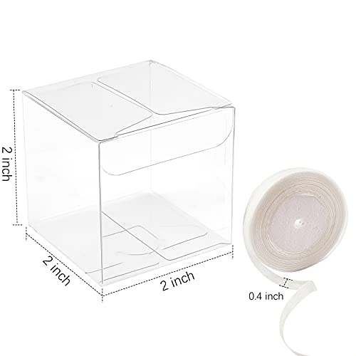 100 Pack 2x2x2 Inches Clear Favor Boxes with Ribbons, Mini Transparent Cube Treat Boxes for Candy & Chocolate Bomb, Plastic Individual Macaron Packaging Box for 2 - color: 2x2x2 Inch
