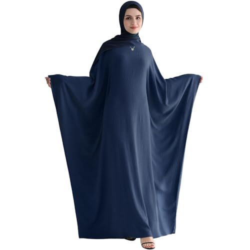 Muslim Abaya Dress Women Middle East Arabian Prayer Robe Batwing Maxi Kaftan Abaya Dress with Hijab - color: Navy