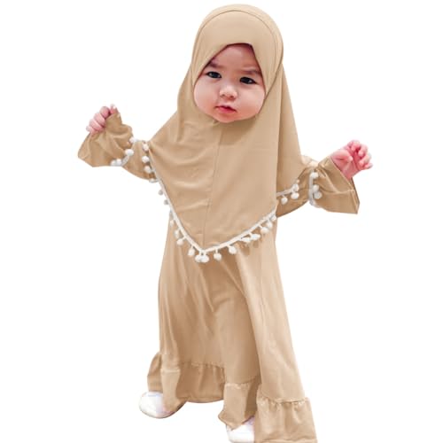 ODASDO Newborn Infant Baby Girls Prayer Dress Muslim Clothes for Toddler Kids Long Sleeve Abaya with Hijab Two Piece Set - color: Khaki, size: 6-12 Months