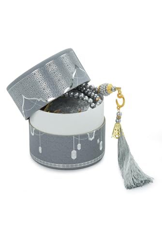 ihvan online Mini Quran & Tesbih Gift Set with Cylinder Box – 99 Pearl Muslim Prayer Beads, Misbaha Tasbeeh Sibha Mala – Islamic Ramadan, Eid & Mawlid Gift for Men & Women, Gray - color: Gray