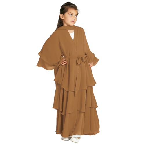Kids Abayas Dress for Girls Muslim Dress with Hijab Chiffon Layered Islam Kaftan Robe Open Front Cardigan Prayer Dress - color: Brown, size: 7-8 Years