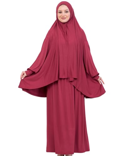 Prien Soft Prayer Dress For Women, Muslim Abaya Hijab Set, Long Turkish Cotton Praying Outfit, Islamic Clothes For Ramadan - color: Burgundy